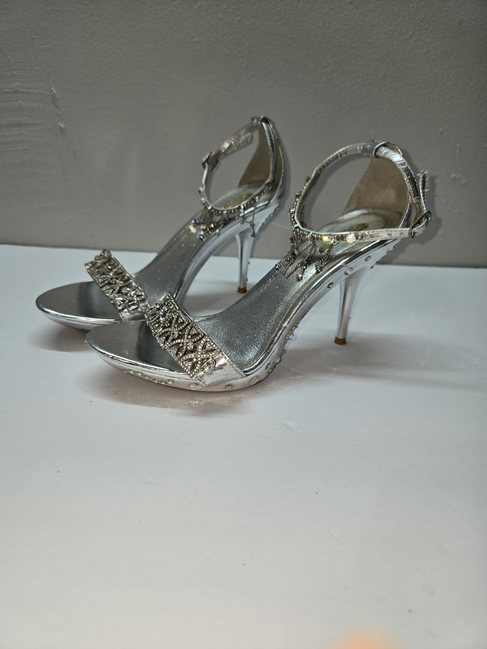 Celeste Silver Jeweled Ankle-Strap Stiletto Heels